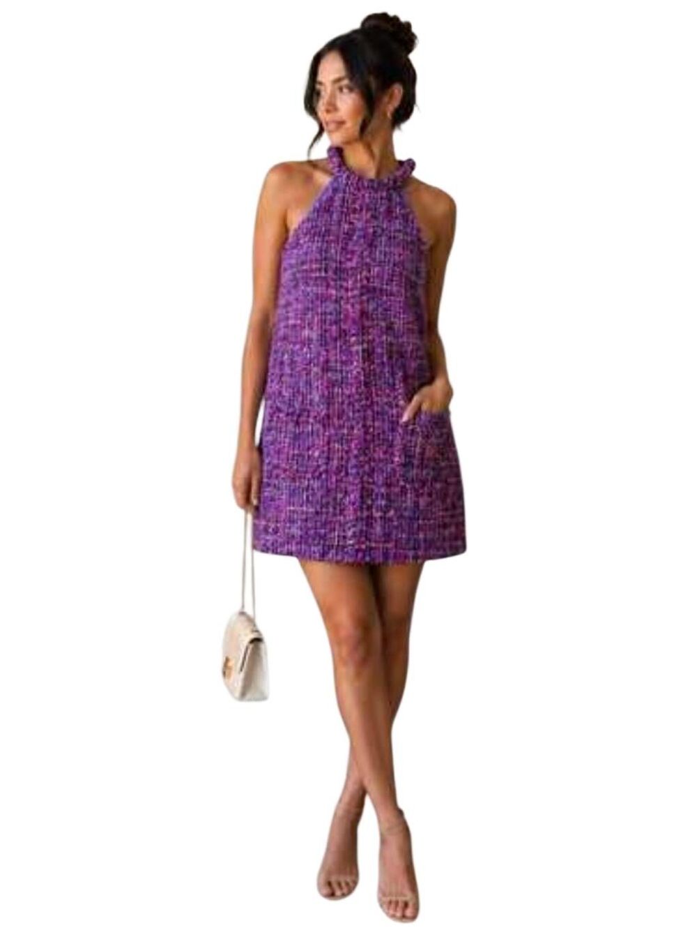 ZARA Purple Multicolor Metallic Textured Tweed Halter Mini Dress - Size S